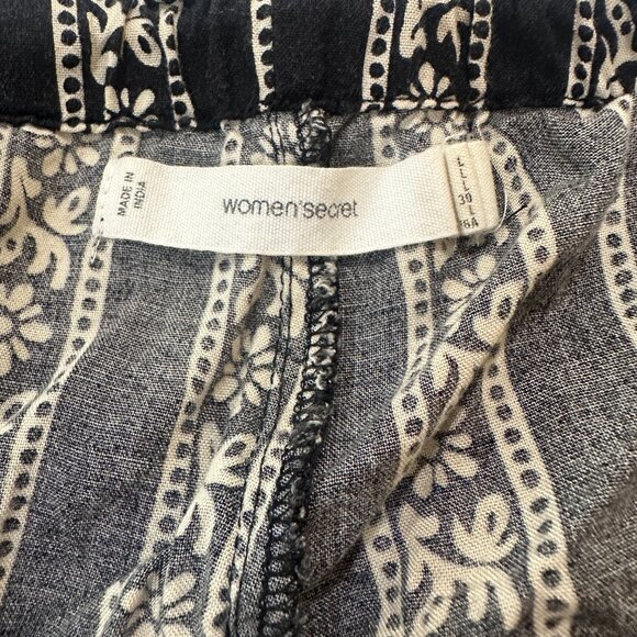 WOMEN'SECRET Boho Black Print Long Pant Mid Rise Draw String Sz L Front Pocket - Picture 6 of 16